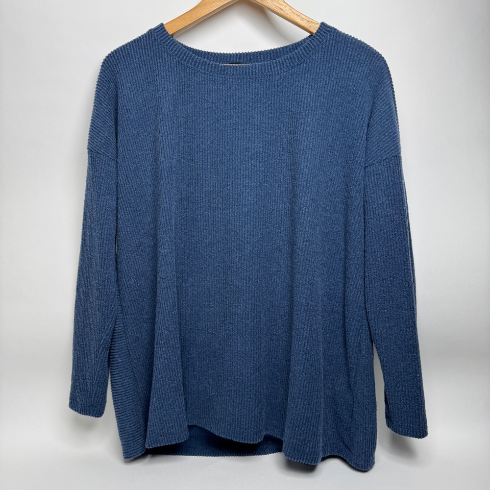H BY BORDEAUX Women's Sz Small Blue Ribbed Split Back Top NWT